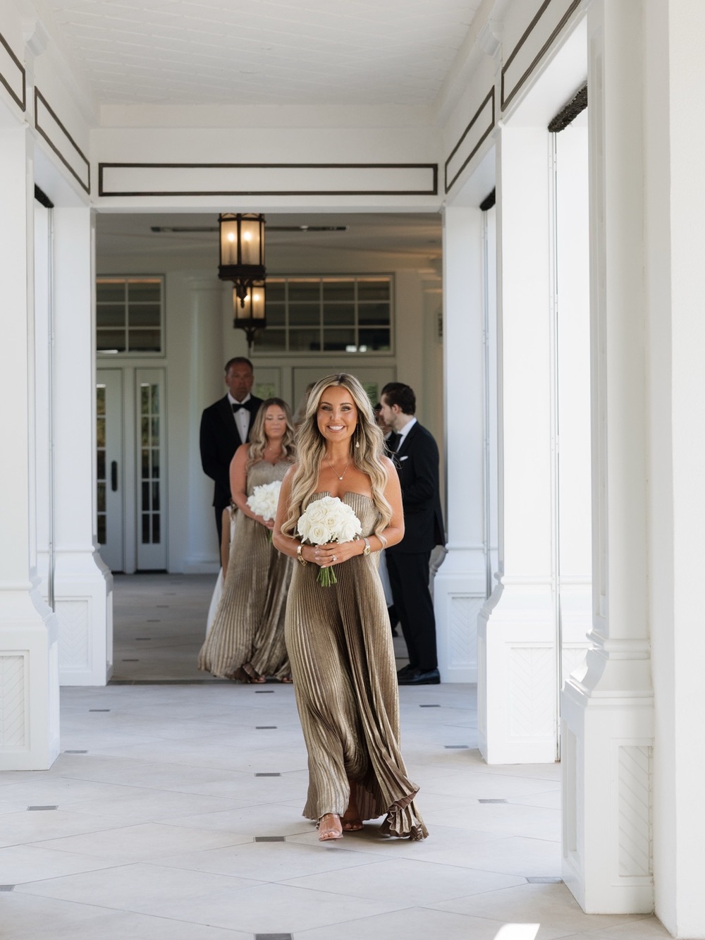 Strapless Metallic Gold Pleated Maxi Dress L’IDEE black tie gown in gold shimmer - Picture 5 of 7